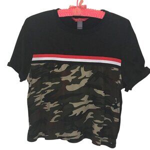 Hot Kiss Crop Tee Camouflage Short Sleeve Top Black Brown Red Casual tshirt Sz M